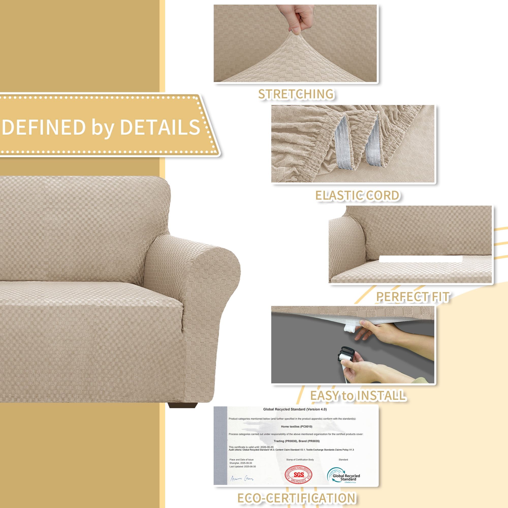 JIATER 1-Piece Sofa Cover Stretch Couch Cover Washable Sofa Slipcover Furniture Protector for Loveseat Sofa,Khaki