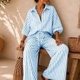 thumbnail image 4 of BRELIL Women Plus Size Two Piece Set Striped Collared Long Sleeve Shirt Wide Leg Pants Loose Boho Vacation Casual Travel Outfits Tracksuit, Light Blue S, 4 of 9