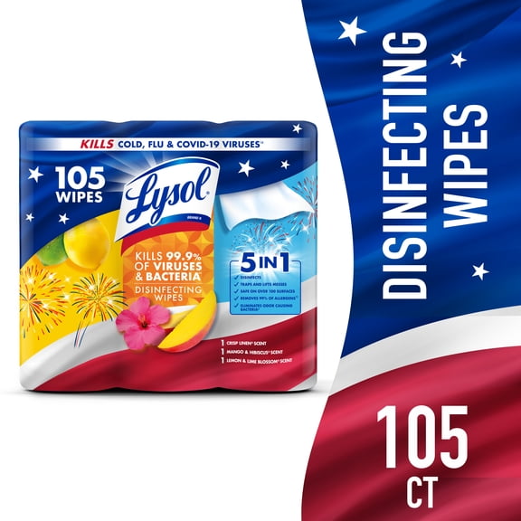 Lysol Disinfectant Wipes Bundle, Multi-Surface Antibacterial Cleaning Wipes, For Disinfecting & Cleaning, Mango, Lemon, and Crisp Linen, 105 count