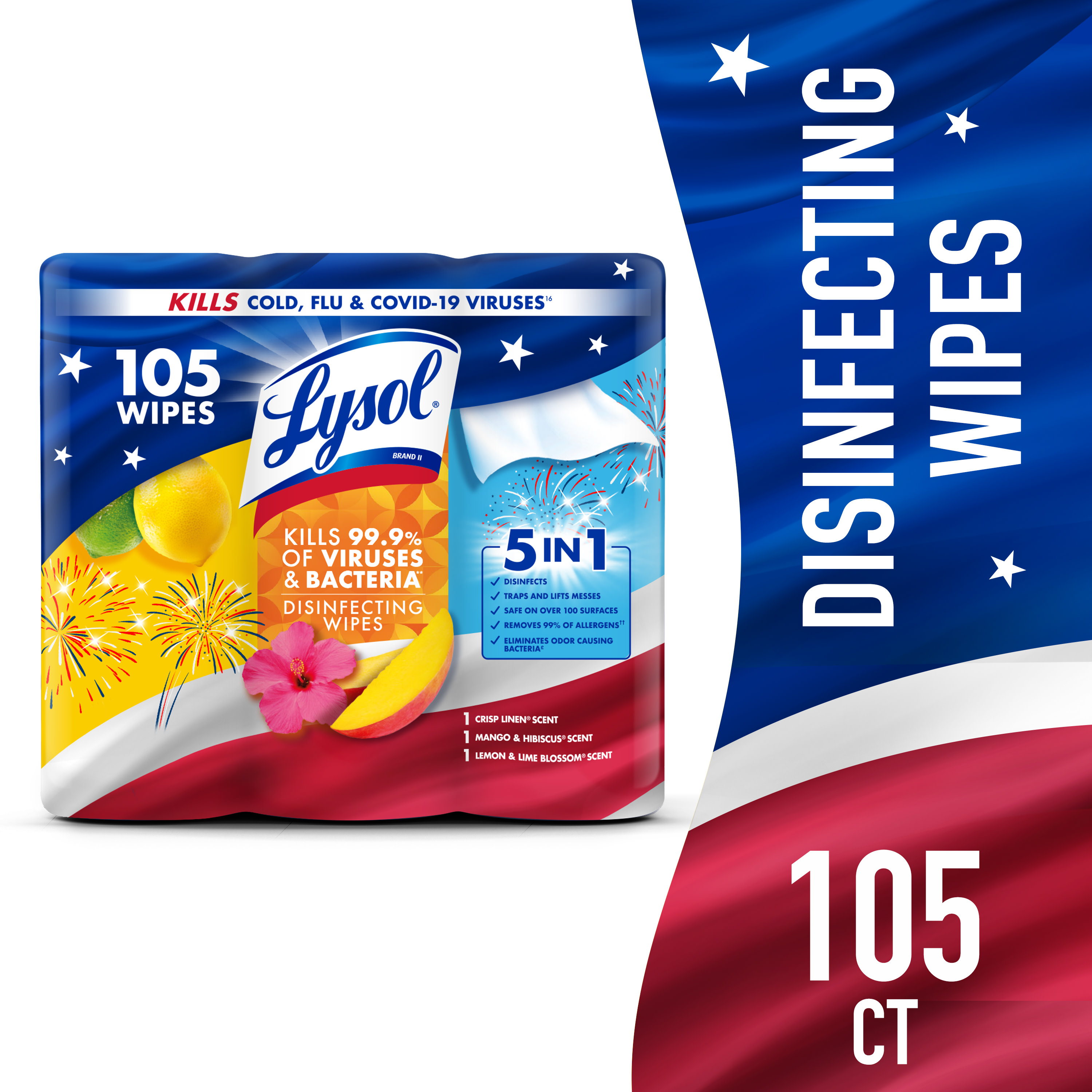 Lysol Disinfecting Wipes, All Purpose Cleaner, Multi Surface Antibacterial Cleaning Wipes, Cleaning Supplies, Lemon + Mango & Hibiscus + Crisp Linen Scent, 35 Count Each (Pack of 3)