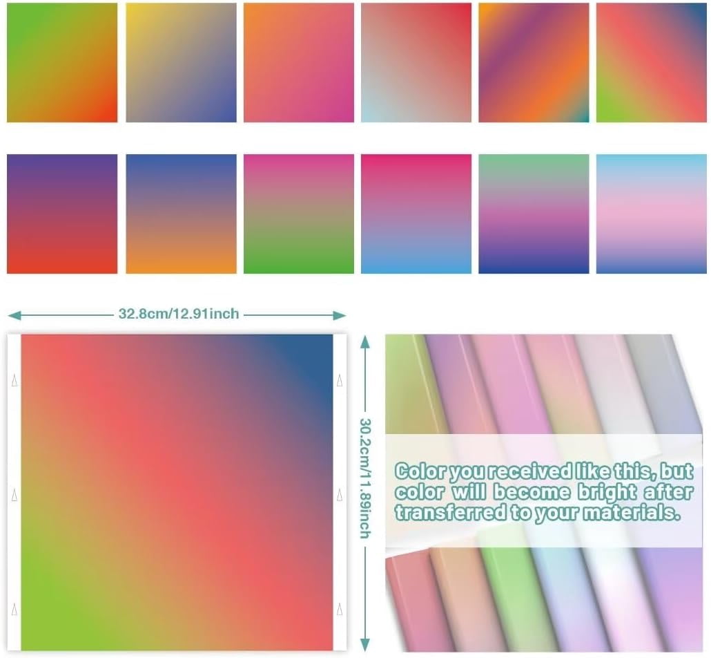 Smart Matless Transfer Sheets-12 Sheets 12" x 11.8" Gradient Pattern Sublimation Transfer Paper for Cricut EasyPress, Silhouette Cameo, DIY T-Shirts Mugs Tote Bags Pillowcase