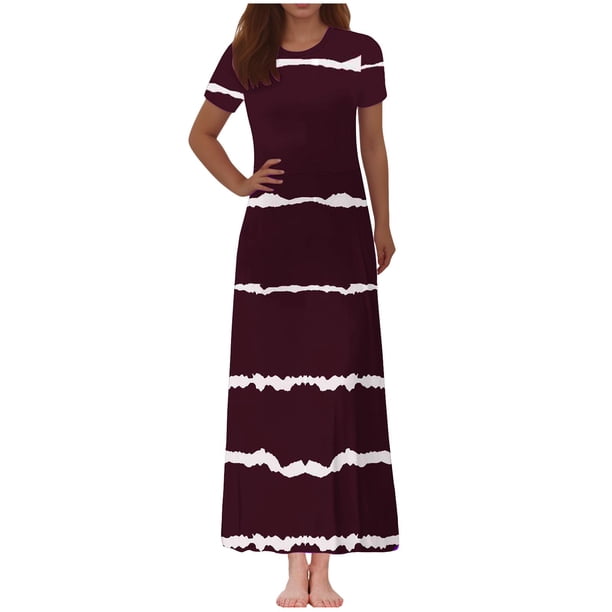 Vestido Corto de Verano de la Moda de las Mujeres Impreso de Manga Corta Cuello Redondo Tobillo de Longitud Vestido Casual
