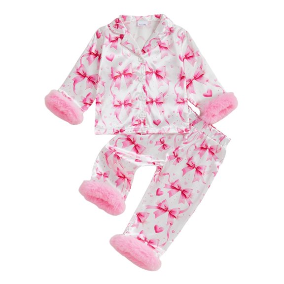 YunPes Toddler Girls Satin Outfits Bow & Heart Print Button Down Shirts Pants 2PC Sets Fuzzy Trim Cuffs Valentines Matching Sets 2PC