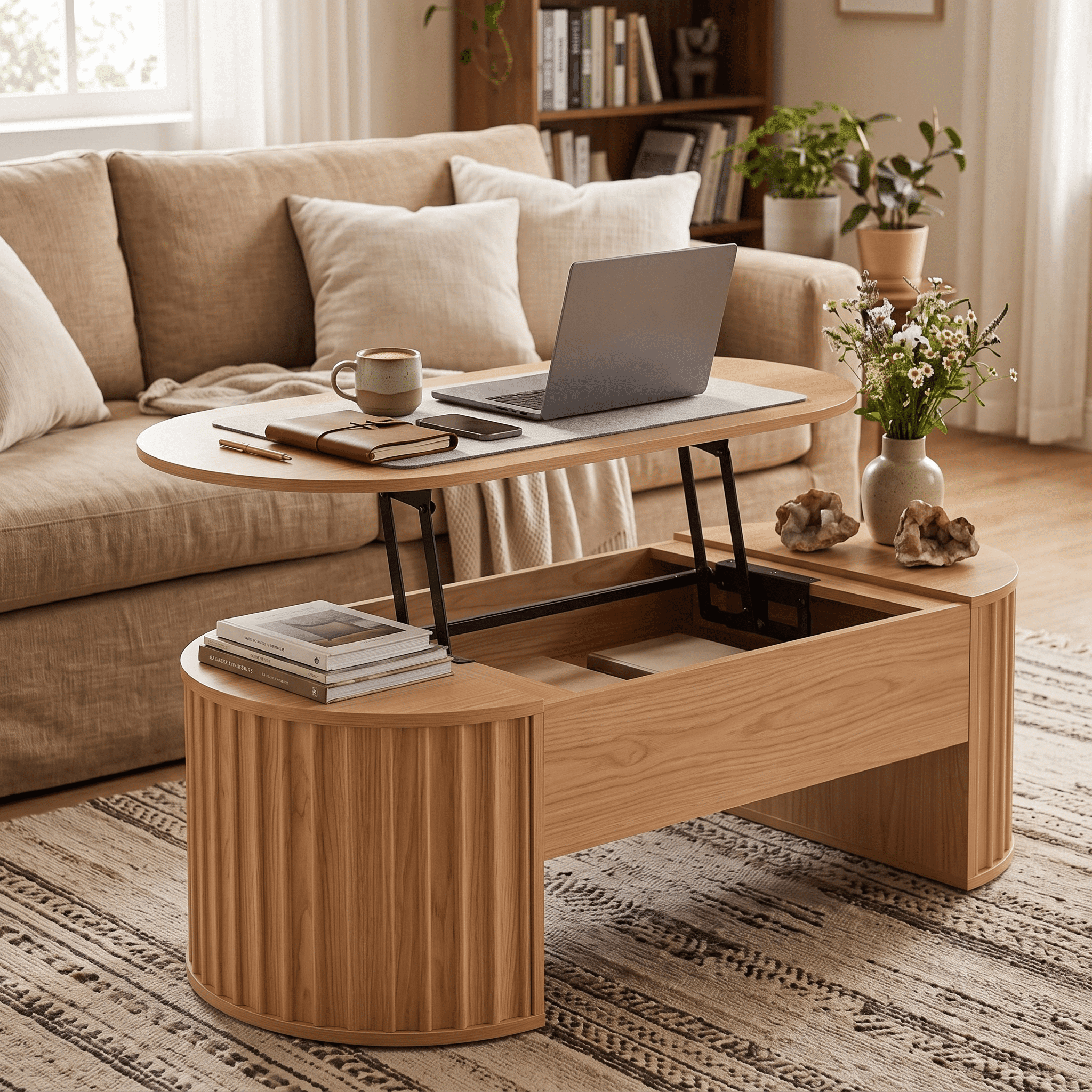 Homy Casa 47.2 in Lift Top Coffee Table with Hidden Storage Shelf for Living Room Natural Oak