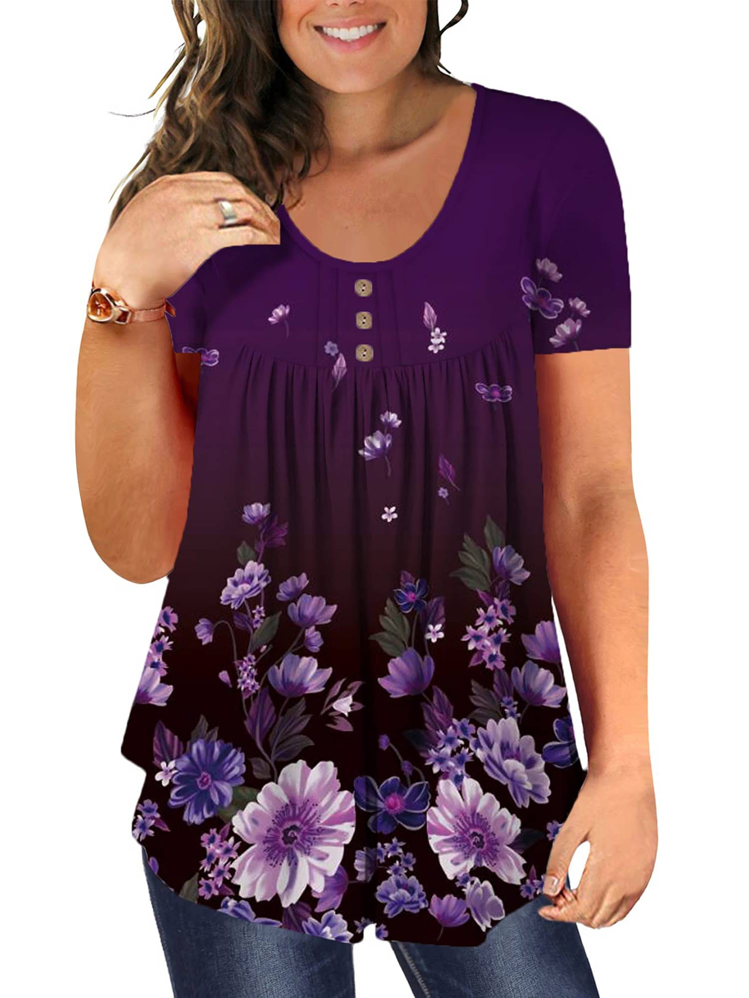 Women's Plus Size Summer Blouses Short Sleeve Button Up Tunic Tops