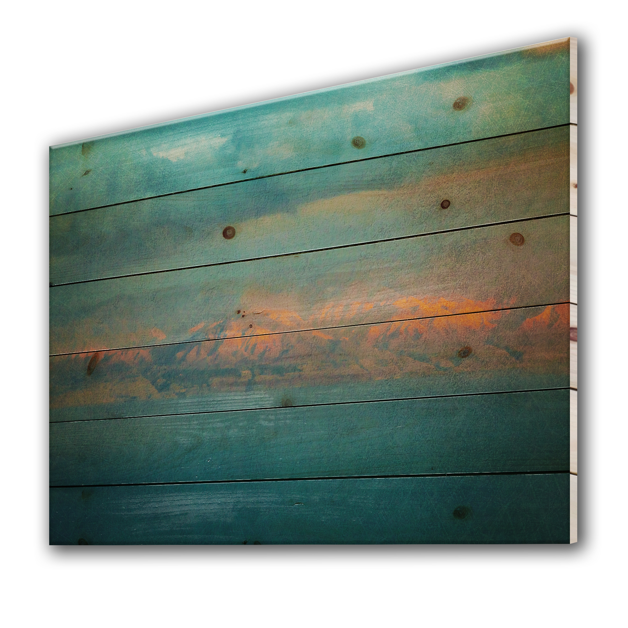 Designart 'Evening Glowing Mountains Over Sea Textured Vintage Image' Modern Print on Natural Pine Wood