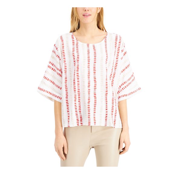 ALFANI Womens Ivory Printed Kimono Sleeve Scoop Neck Top M