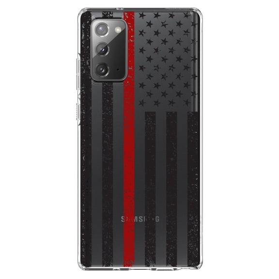 DistinctInk Clear Shockproof Hybrid Case for Samsung Galaxy Note 20 (6.7" Screen) - TPU Bumper, Acrylic Back, Tempered Glass Screen Protector - Weathered Thin Red Line US Flag - First Responder