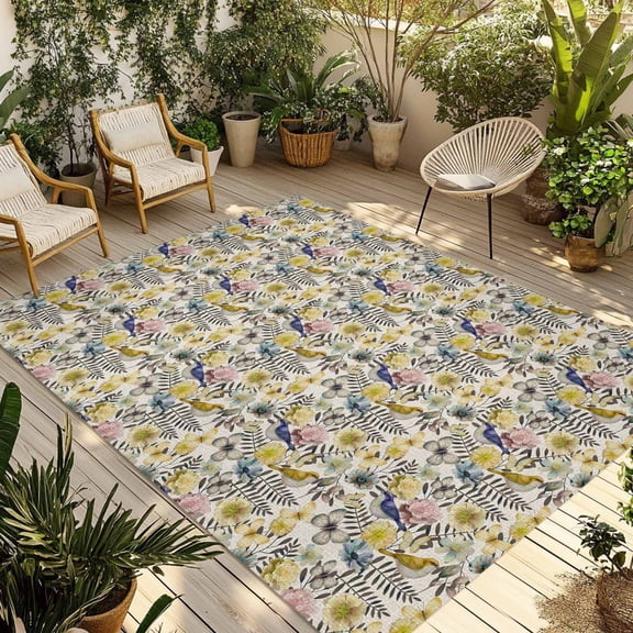 Vintage Flowers Outdoor Rug for Patio/Deck/Porch, Non-Slip Large Area Rug 4 x 6 Ft, Spring Yellow Floral Country Leaves Blue Birds Indoor Outdoor Rugs Washable Area Rugs, Camping Rug Carpet Runner
