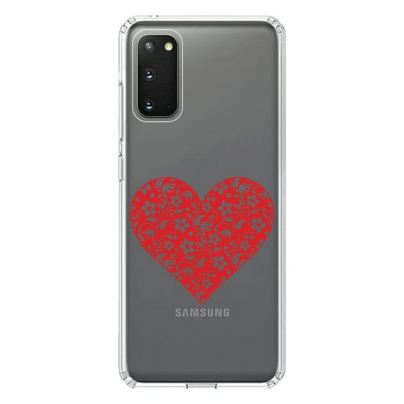 DistinctInk Clear Shockproof Hybrid Case for Galaxy S20 PLUS / 5G (6.7" Screen) - TPU Bumper Acrylic Back Tempered Glass Screen Protector - Red Floral Heart Clear