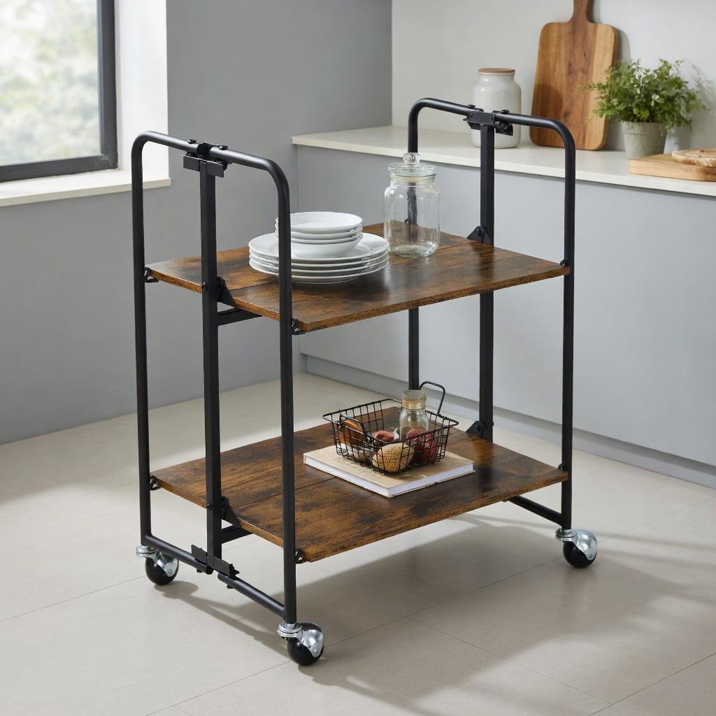 Demi Bonn Rolling Cart, Kitchen Island Cart, Folding Rolling Cart with Metal Frame-2-Tier, for Kitchen, Dining Room, Rustic brown