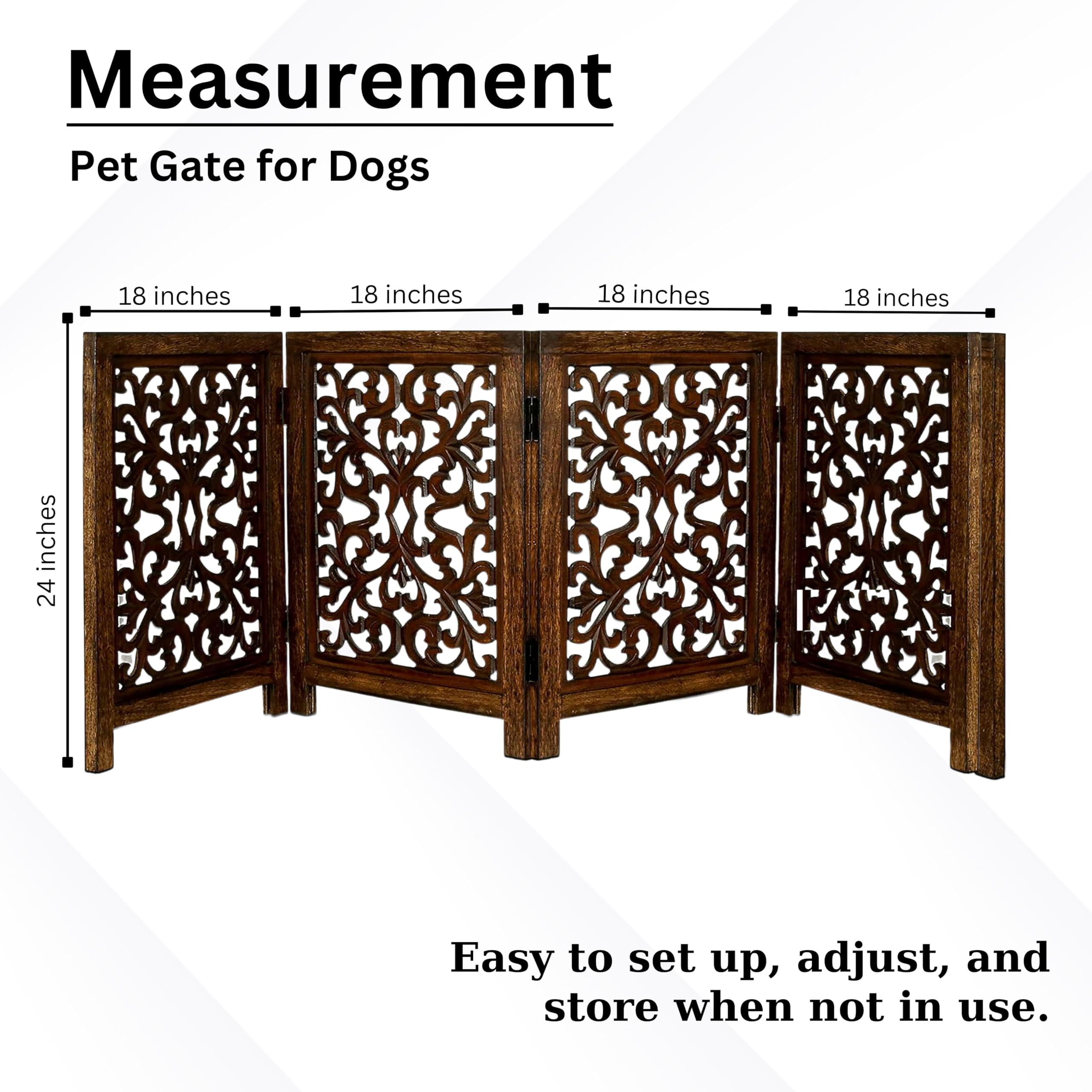 Free Standing Dog Gate – 4 Panel Foldable Wooden pet gate Indoor 72" W x 24" H, Hand-Carved Solid Wood & MDF, Portable Indoor Gate for Doorways, Halls, Stairs – Fully Assembled - Antique Brown