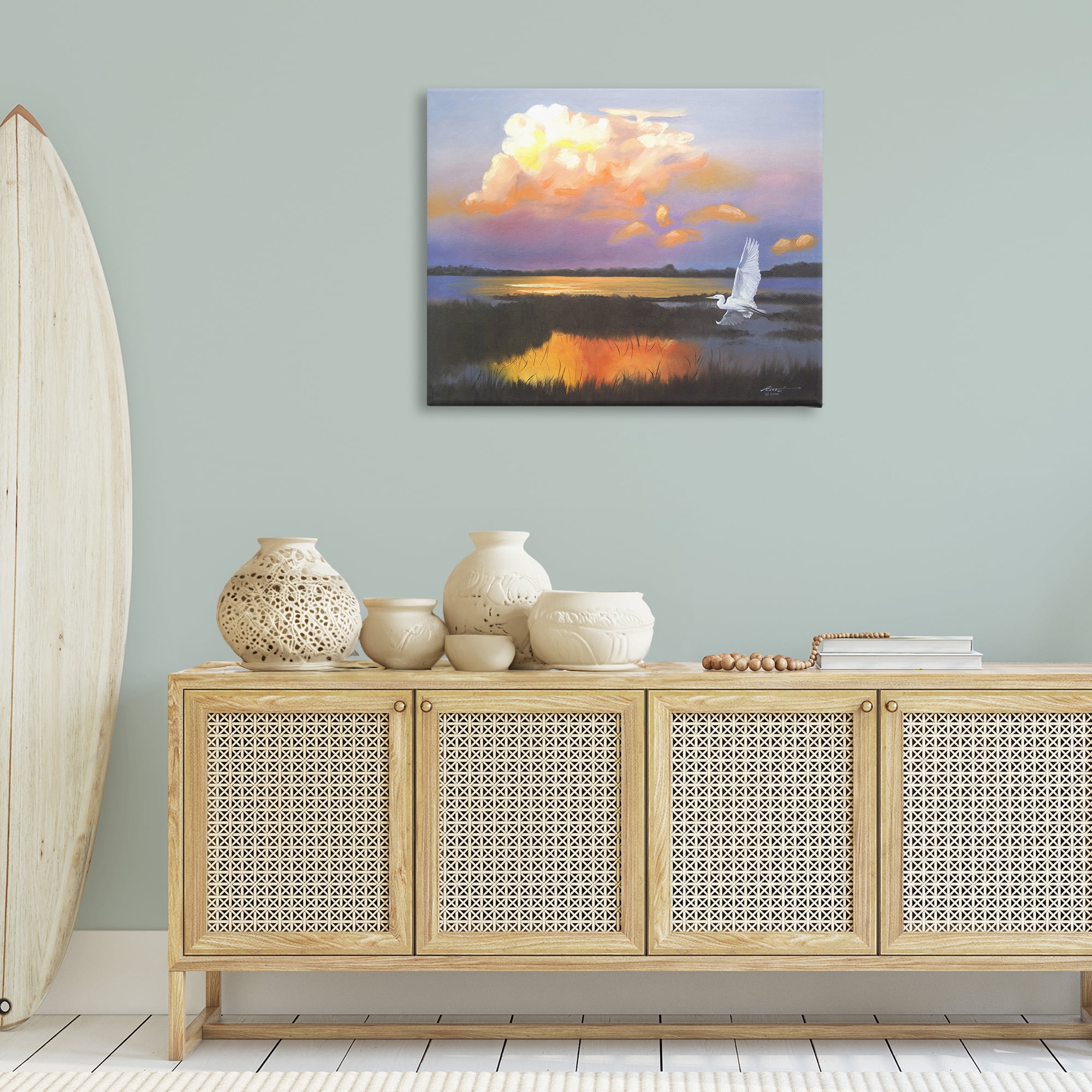 Stupell Industries Egret Over Cloudy Reflection Landscape Painting Gallery Wrapped Canvas Art Print Wall Art, 40 x 30