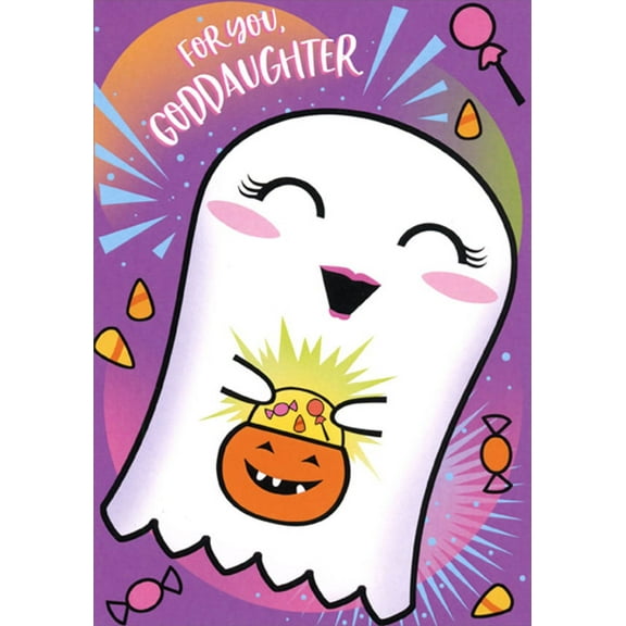 Designer Greetings Joyful Ghost Holding Candy Bucket Juvenile Halloween Card for Goddaughter
