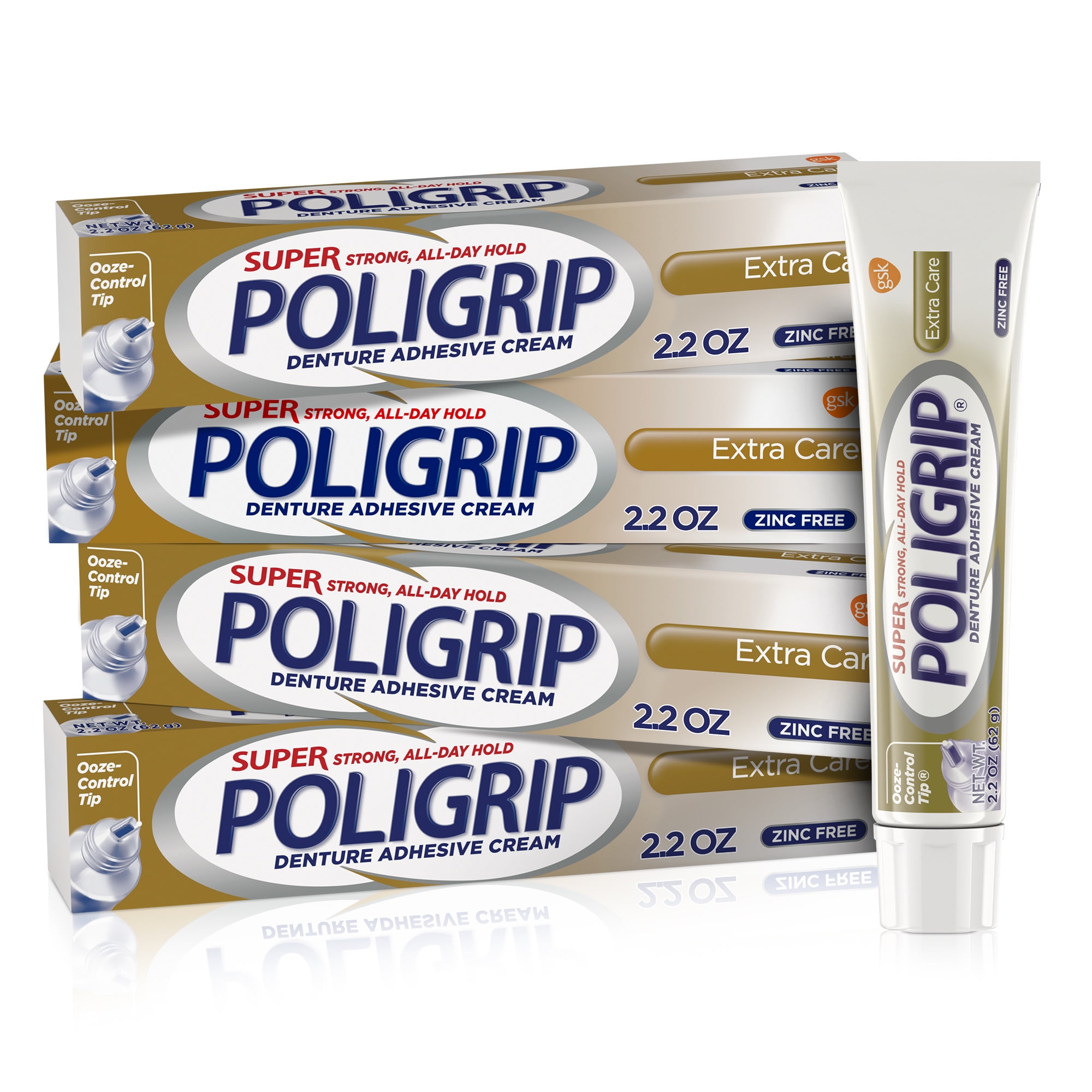 Super Poligrip Extra Care Denture Adhesive Cream - 2.2 Ounces (Pack of 4)