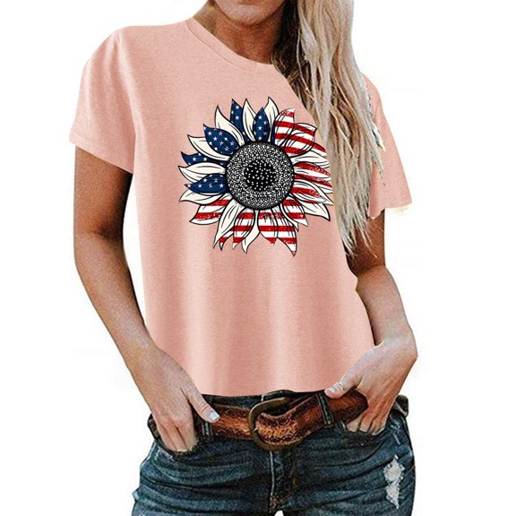 Summer Saving Wycnly Womens Shirts 4th of July Plus Size Fashion Patriotic Pullover Tee Tops Summer Short Sleeve Round Neck Ladies Sunflower US Flag Print Tops and Blouses Pink XL