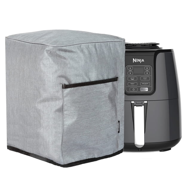 crutello funda para freidora de aire con bolsillos de almacenamiento para freidora de 4 cuartos, cubierta gris de nylon resistente con forro interior y bolsillo frontal, vista frontal centrada sobre freidora (13"x11.5"x14") para protección contra polvo y organización de accesorios; también suele usarse para guardar utensilios pequeños al almacenar electrodomésticos.
