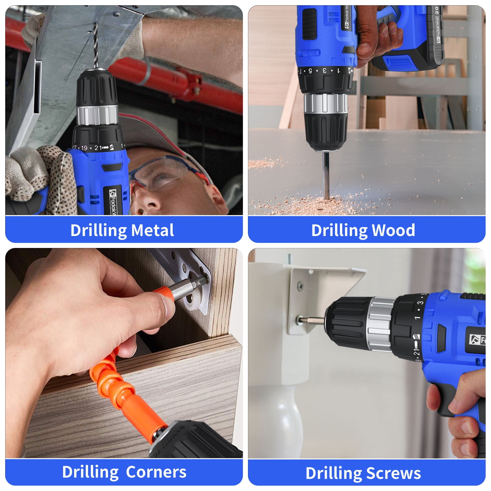 20V Cordless Drill Set with Battery & Charger, 30N.m Torque, 21+1 Settings, 3/8" Keyless Chuck, LED Light, Electric Drill Kit for Home DIY (Blue)