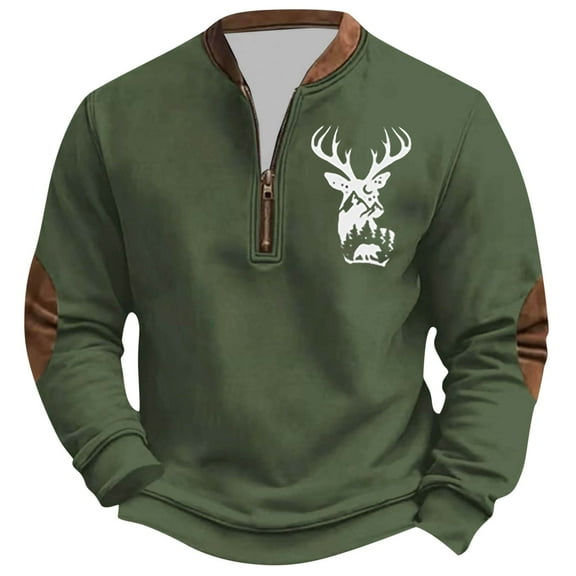CONZONE Christmas Men's Sweatshirts Crewneck Sweatshirt for Men Xmas Deer Graphic Long Sleeve Half Zip Fashion Fall Winter Workout Clothes
