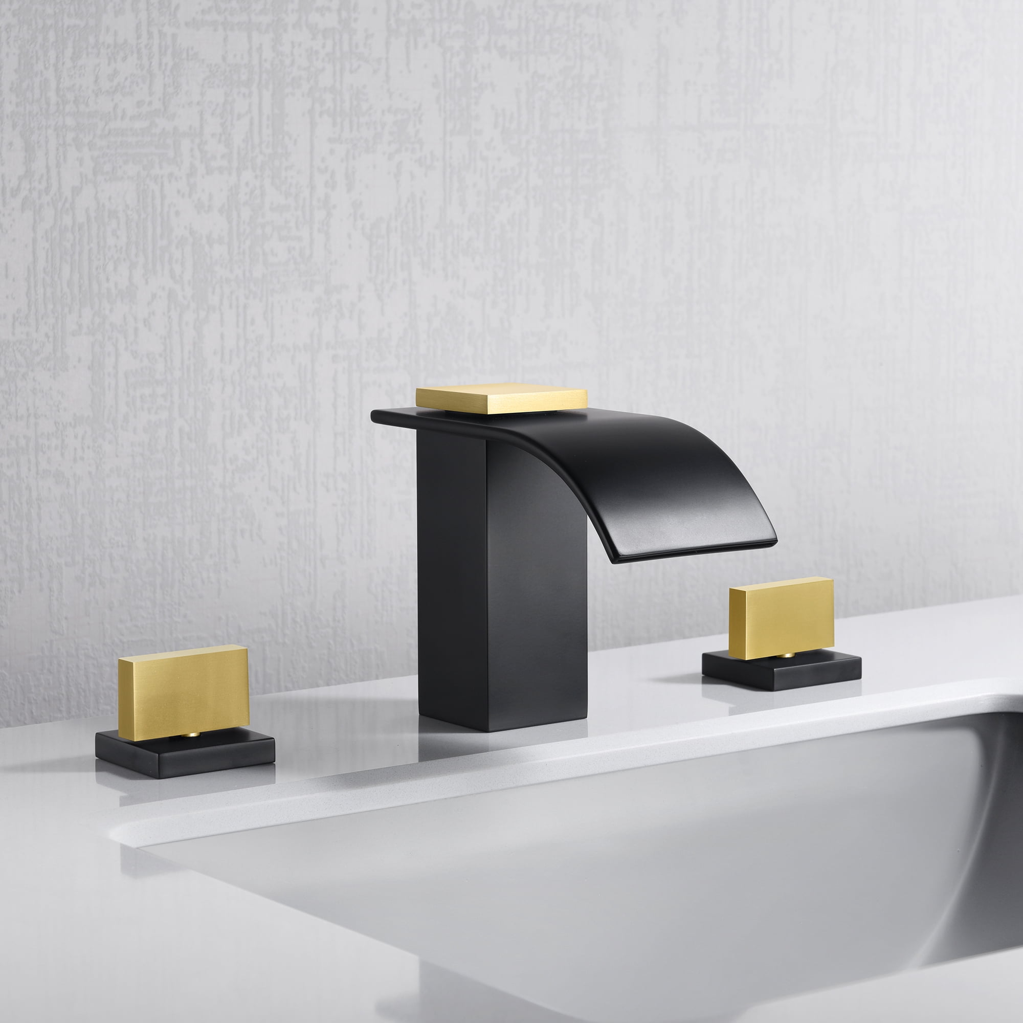 SUMERAIN Widespread Bathroom Faucet 8" 3 Hole Waterfall Basin Faucet, Black and Gold Finish