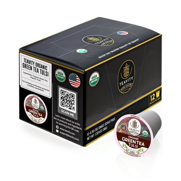 Organic Tulsi Green Tea Pods Compatible with Keurig Brewers by Teavity (Green Tea, 12 Tea Pods)