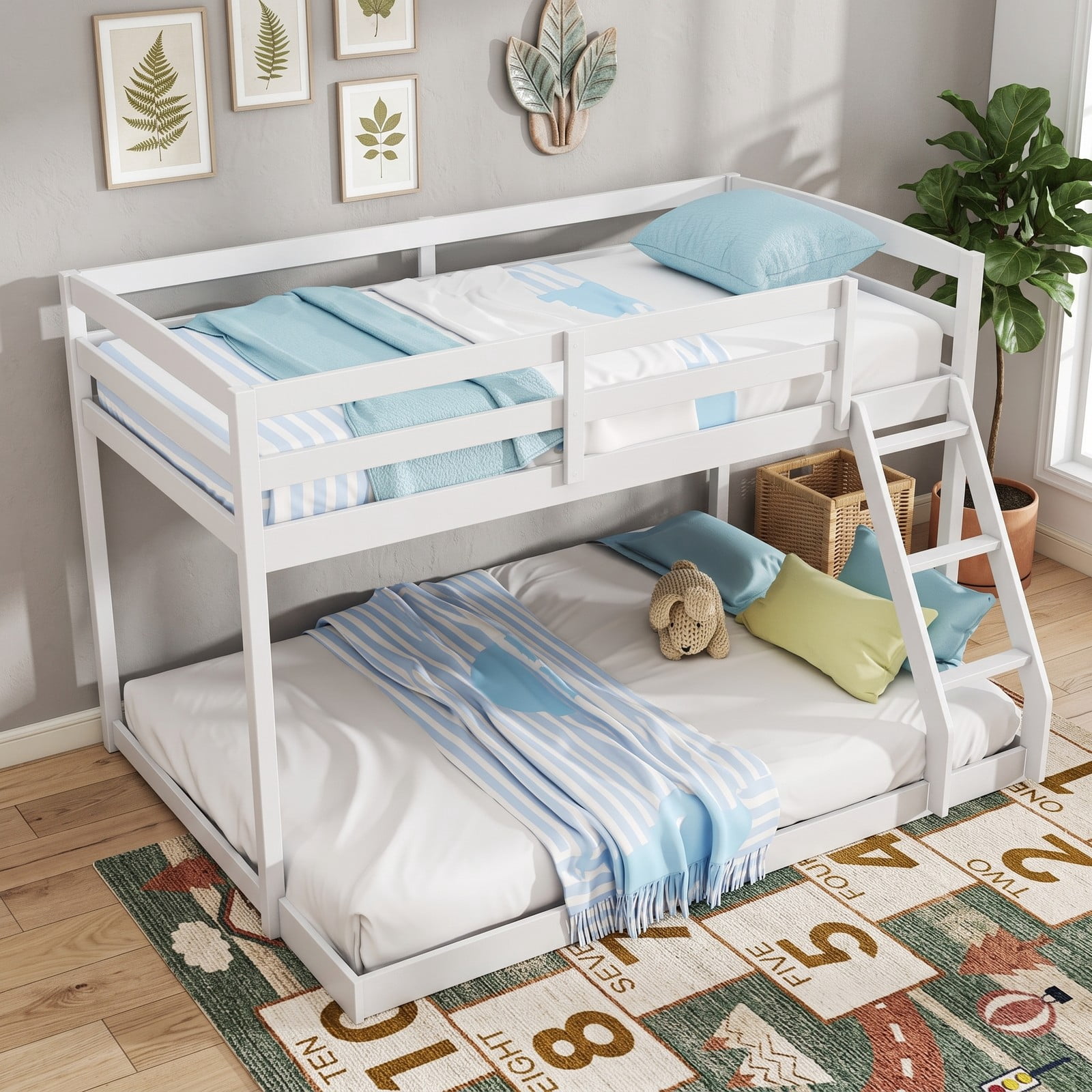 Furnibear Twin Over Full Low Floor Wood Bunk Bed with Guardrails and Integrated Ladder for Kids Teens and Guest Rooms, White