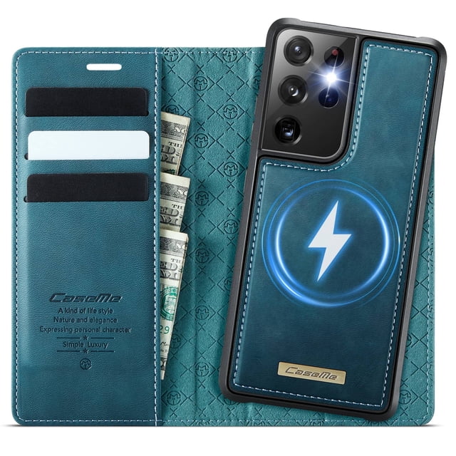 Funda Billetera Desmontable Magnética 2 en 1 Magsafe para Samsung Galaxy S21 Ultra con Tarjetero para Mujer y Hombre,Cuero PU Retro 【Bloqueo RFID】 Funda con soporte a prueba de golpes