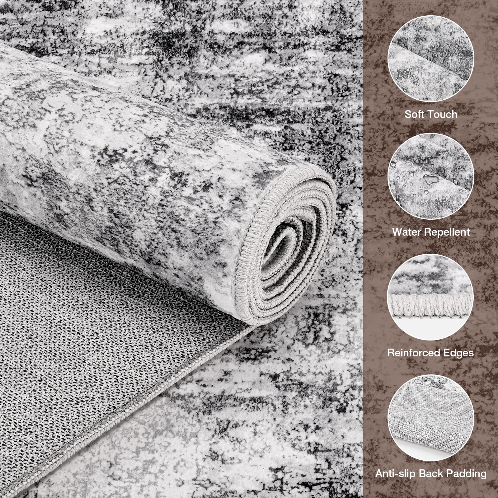 Washable Area Rug for Living Room, 8'x10' Non-Slip Neutral Abstract Gray Indoor Rugs, Low Pile Stain Resistant Carpet for Bedroom Kitchen