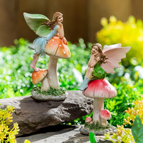 Resin Fairy Sitting On Mushroom Statue, 6"H