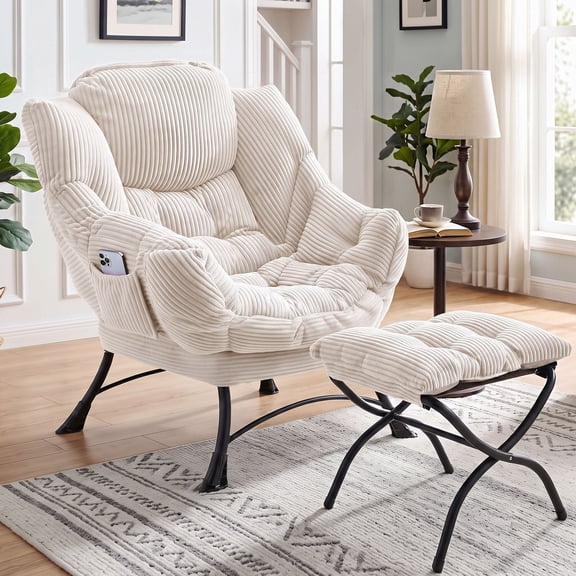 OMNIBERG Lazy Chair with Folding Ottoman, Oversized Comfy Lounge Chair with Armrests and Side Pocket for Reading, Relaxing, and Napping, Perfect for Living Room, Bedroom or Office, White