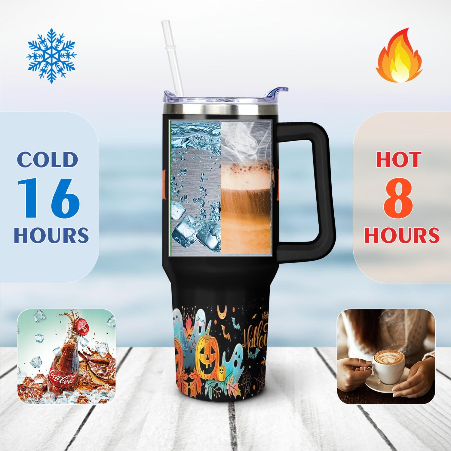 40 OZ Happy Halloween Tumbler with Handle Double Wall Vacuum Insulation Travel Coffee Mug Gift for Women Men