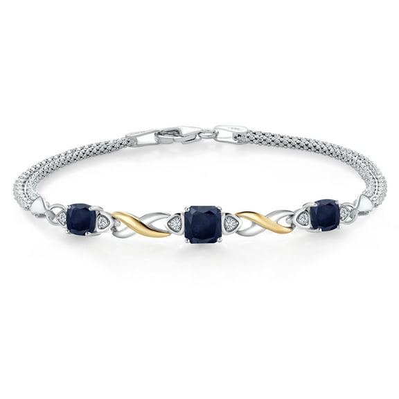 925 Silver and 10K Yellow Gold Blue Sapphire and White Lab Grown Diamond Bracelet for Women (2.79 Cttw, Gemstone September Birthstone, Cushion 6MM and 5MM , 6.5/7/7.5 inch, Made in Italy)