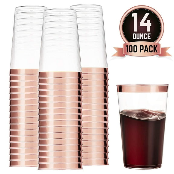 100 Rose Gold Plastic Cups 14 Oz Clear Plastic Cups Tumblers Rose Gold Rimmed Cups Fancy Disposable Wedding Cups Elegant Party Cups with Rose Gold Rim