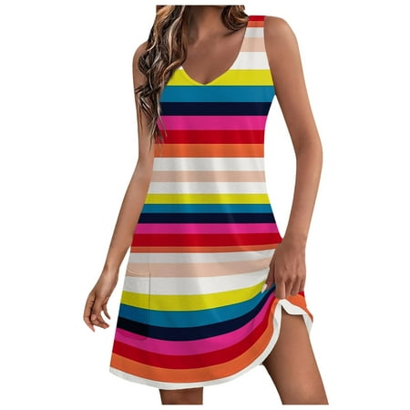 ZHAGHMIN Dresses for Women Womens Summer Dresses 2024 Loose V Neck Sleeveless Striped Color Block Tank Dress Swimsuit Coverup with Pockets Hot Pink SizeS