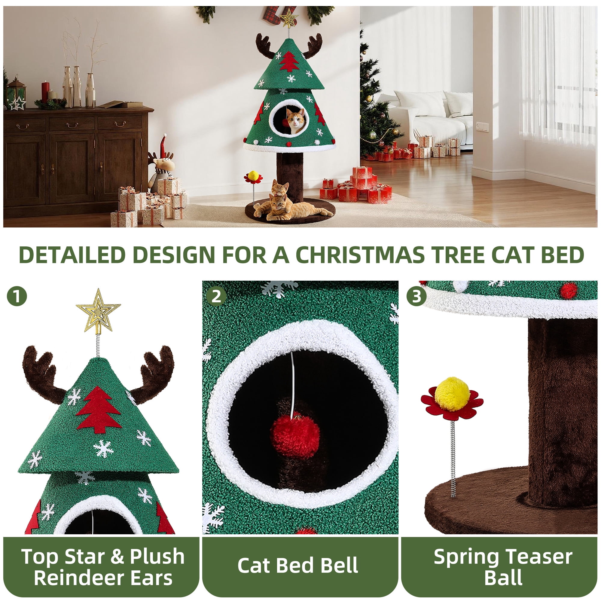 Uforic 47" Christmas Cat Tree Tower, Cat Condo with Teaser Ball, Green