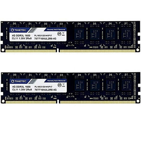 Timetec 8GB Kit (2x4GB) DDR3L/DDR3 1600MHz PC3L-12800/PC3-12800 Non-ECC Unbuffered Desktop RAM, 1.35V/1.5V CL11 Dual Rank 2Rx8 240-Pin UDIMM