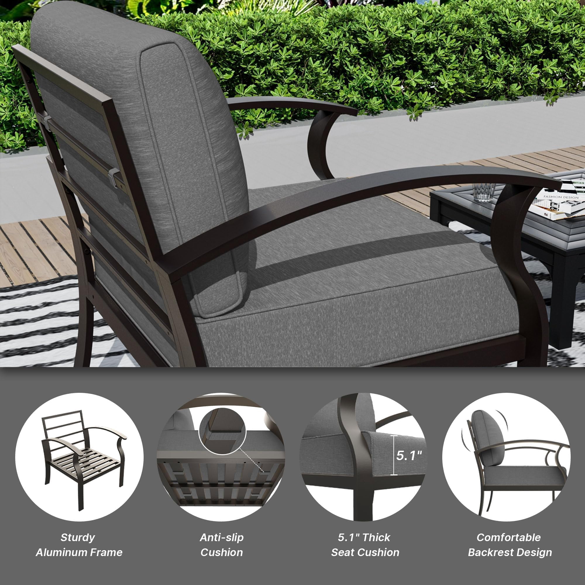 Gotland 5 Piece Aluminum Patio Furniture Set,Modern Metal Outdoor Patio Furniture w/5.1'' Thick Cushion and Rectangular Coffee Table,Patio Conversation Sets for Porch,Deck,Gray