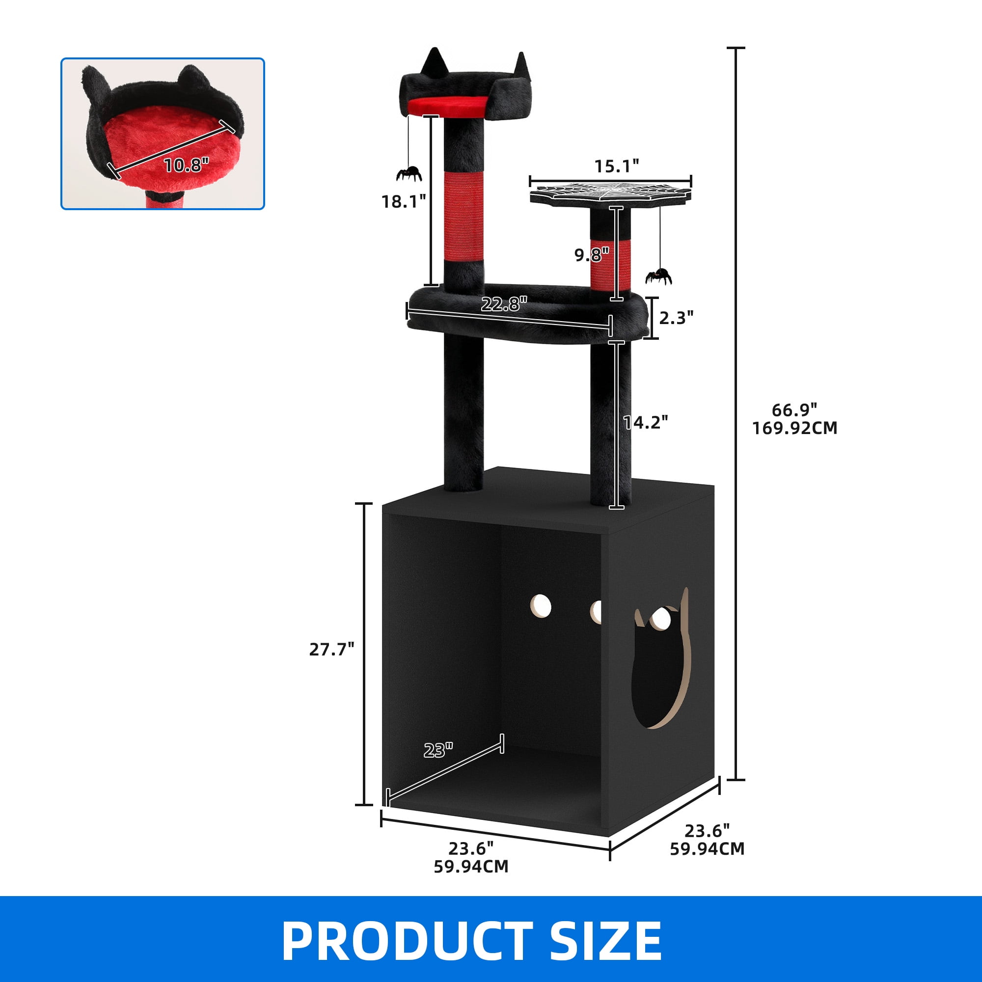 Homiflex Cat Tree for Automatic Litter Box, 67''H Cat Tower with Litter Box Enclosure, Scratching Post, Hooks, Halloween Style, Black/Red