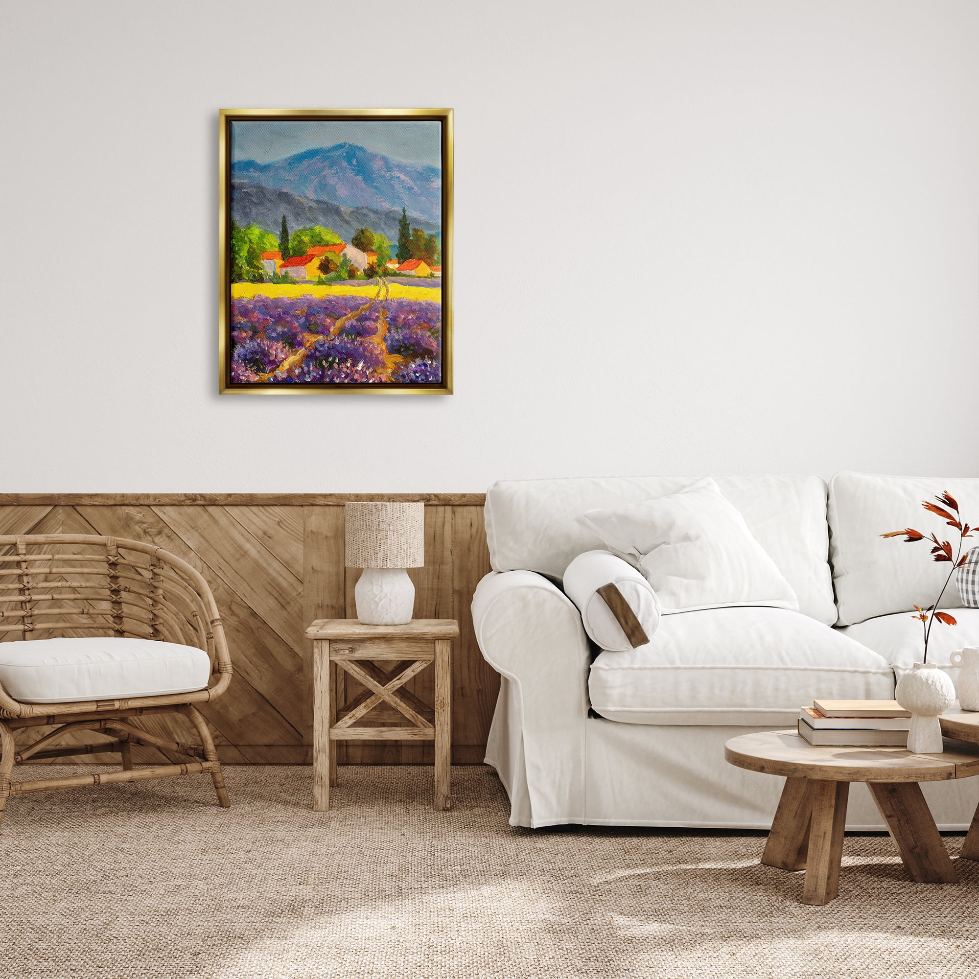 Stupell Industries Lavender Field Landscape Nature Painting Gold Floater Framed Art Print Wall Art, 25 x 31