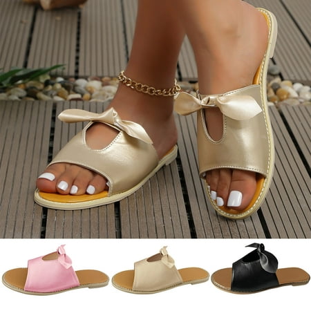 

Cethrio Womens Summer Comfort Flats Sandals- Wide Width on Clearance Slides Sandal Bow Hollow Pink Dressy Sandals/ Slides Size 7