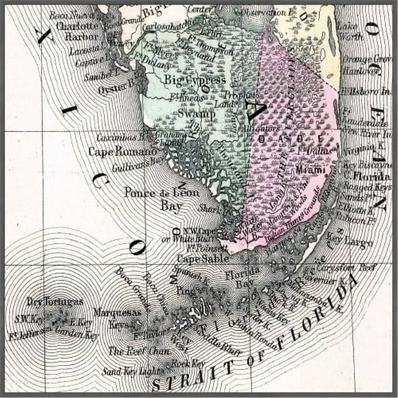 Marmont Hill Mh-Usamap-17-Gwff-40 40" X 40" "Strait Of Florida" Framed Giclee Painting On