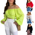 thumbnail image 3 of Women Tie Back Crop Top Off Shoulder Puff Sleeve Ruched Bust Tops Shirt Blouse, 3 of 4