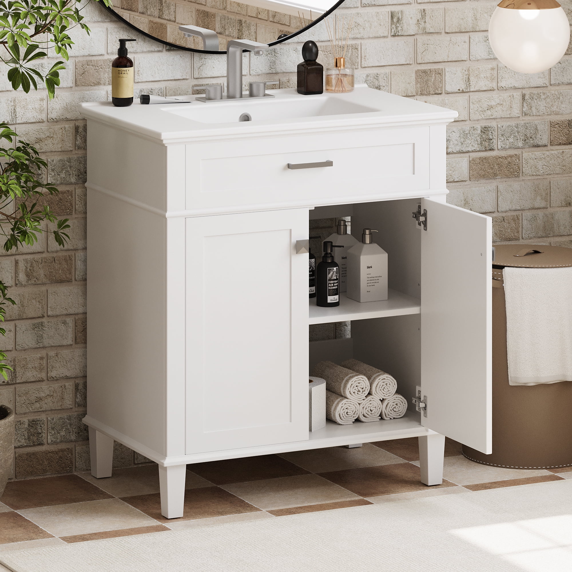 Euroco 30-inch bathroom vanity with ceramic basin, soft close door and adjustable shelves