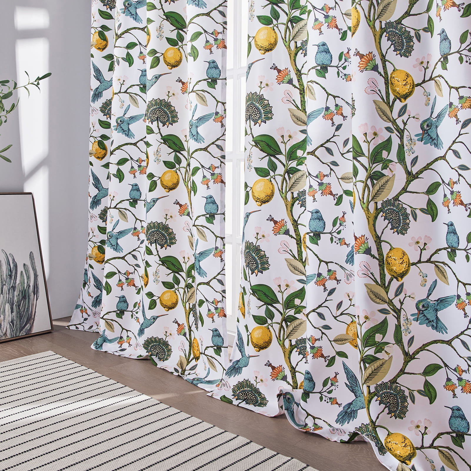 Topfinel Fancy Hummingbird Patterned Curtain,White Curtains for Living Room, Thermal Insulated Blackout Curtains for Bedroom, Floral Vintage Lemon Curtains 84 inch Length 2 Panels Set