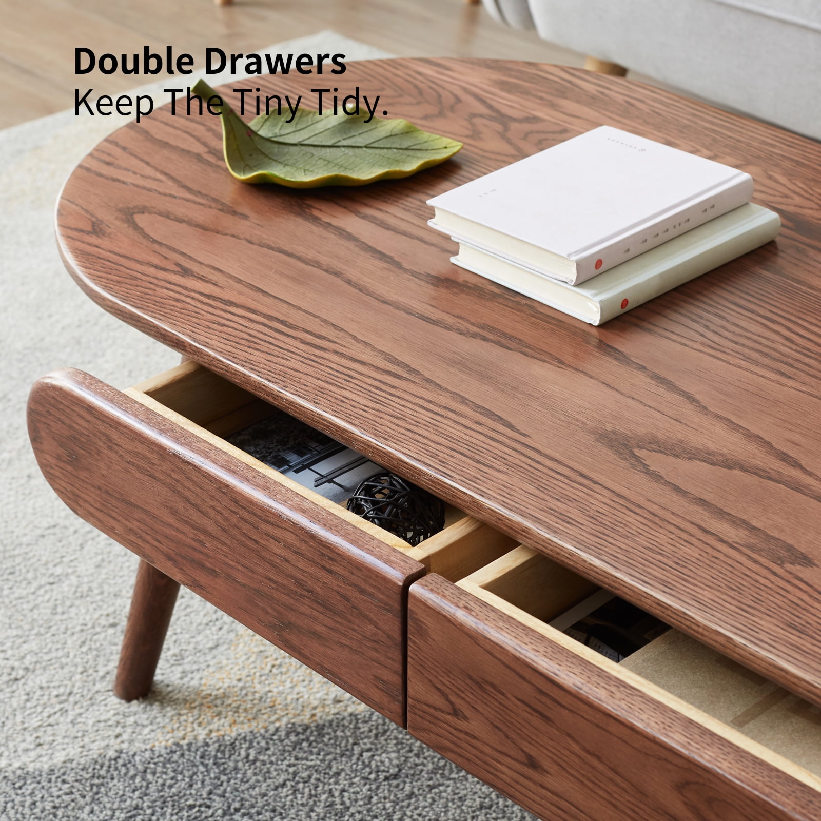 MAYEERTY Capsule Solid Oak Coffee Table with Storage Drawers – Modern Oval Center Table for Living Room & Home Office
