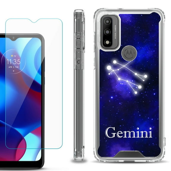 Shockproof Bumper Phone Case for Motorola Moto G Pure, with Tempered Glass Screen Protector, by OneToughShield ® - Zodiac / Gemini