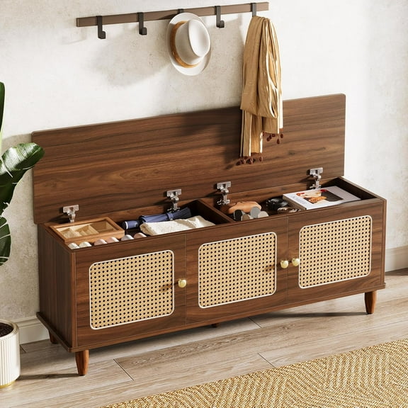 Tribesigns 2-Tier Shoe Bench, Storage Bench with Lift Top Storage and Rattan Doors, 55" Large Shoe Storage Bench for Entryway, Bedroom, Living Room