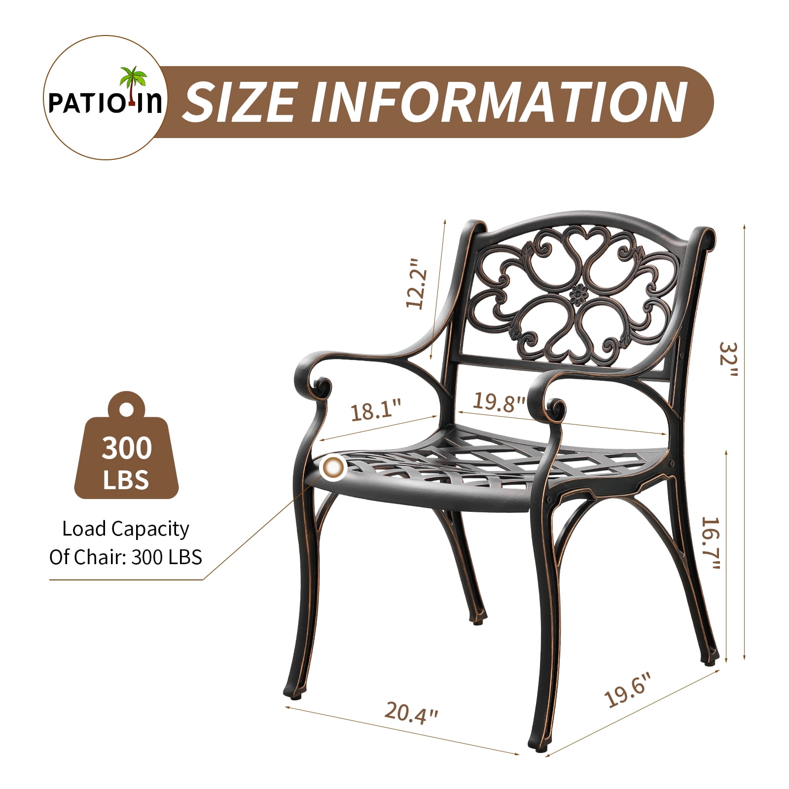 PATIO-IN Cast Aluminum Patio Chair Set of 2 with Armrests, Antique Bronze Metal Bistro Chairs, Outdoor Patio Dining Chairs for Garden, Porch, Poolside