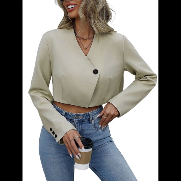 Blazer Corto Informal de Mujer con un Botón para Reuniones Diarias y Navidad. Albaricoque XL