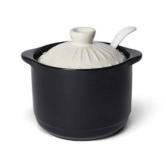 Retro Casserole Shape Sugar Bowl, Color Lid Salt Pig With Ceramic Spoon, Ceramic Sugar Pot, Porcelain Spice Jars-White-280ml